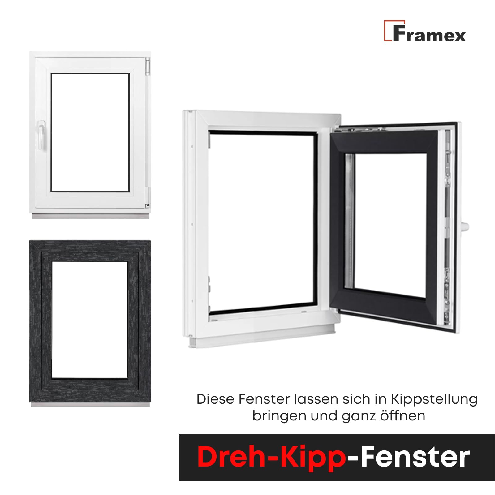 Framex Finestra in plastica per interni bianco/esterno antracite, larghezza x altezza 70 x 85 cm (700 x 850 mm), 2 scomparti (32 mm), girevole DIN destra