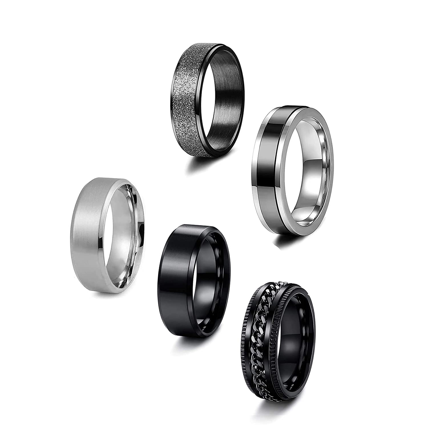 NUNCAD 5 Piezas Anillos Acero Inoxidable Set Vintage Cadena Anillos Giratorios Anillos para Hombres Mujeres Negro/Plata Pulido Regalo Joyería Accesorios Talla 14.5-24.5