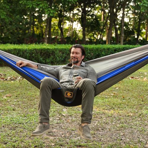 Image of Camping Hammock, Portable Hammocks with Mosquito Net,Lightweight Nylon Parachute Hammock with 10ft Tree Straps,Camping Gear Must Haves for Travel Hiking Backpacking Beach Patio-Deep Grey&Blue