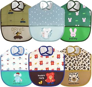 Aolso bib baby waterproof, baby bibs, washable waterproof baby bib, baby bandana bib, with large pockets, baby food for small bar, 6pcs Leopard