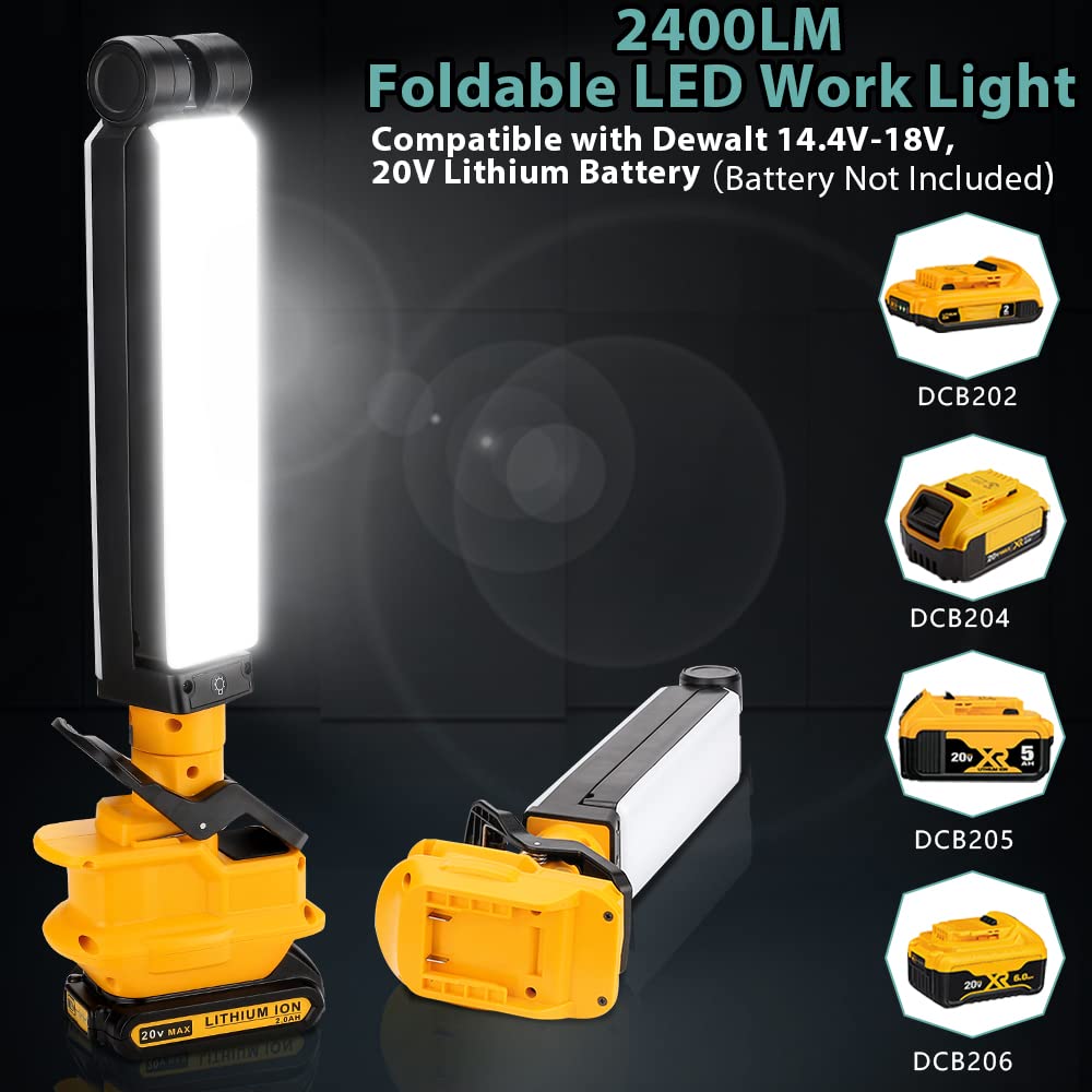 18V Lampe de Travail sans Fil à LED Lampe de Camping Compatible avec Dewalt 18V la Batterie au Lithium Lampe Clip avec Port USB pour l'entretien Automobile Éclairage de Grenier de Camping