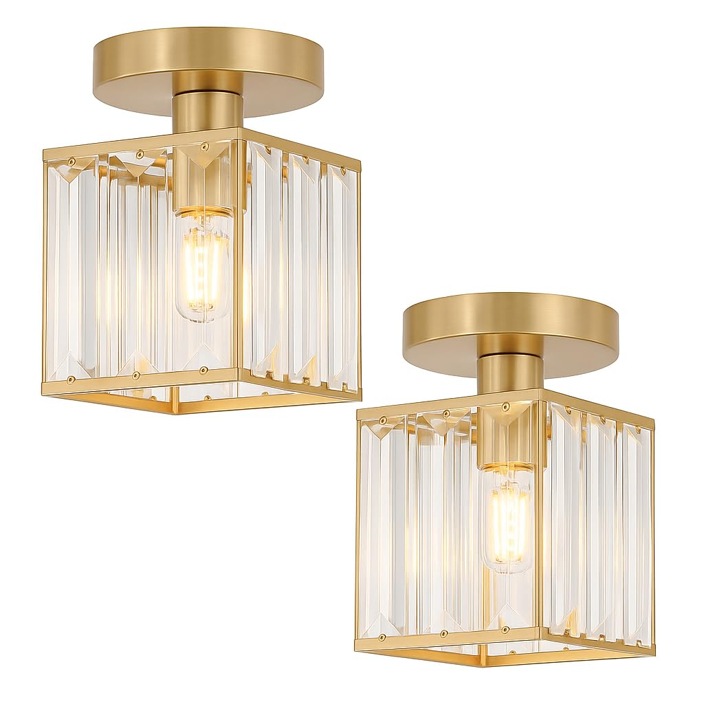 LEDSone 2 Pack K9 Crystal Cube Ceiling Light 13x13 cm Shade Modern Gold Semi Flush Mount Fixture Small Chandelier for Entryway, Hallway, Bedroom, Kitchen — image 1
