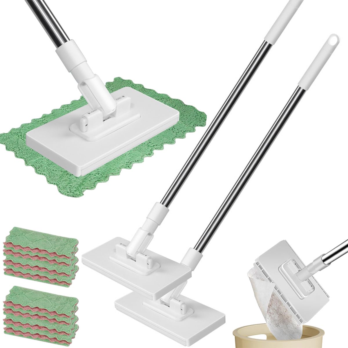 Trapeador manos libres con 4 paños reutilizables, mini fregona con cambio automático de tela, compatible con toallas y toallitas desechables para suelo, pared, baño, cocina