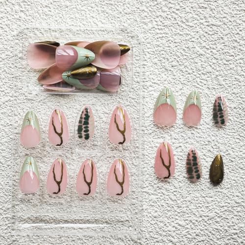 Image of Green French Tip Press on Nails Short Almond Fake Nails Gold Line False Nail with Design Star Glue on Nails Glossy Artificial Acrylic Nail Full Cover Nude Stick on Nail for Women Manicure 30Pcs