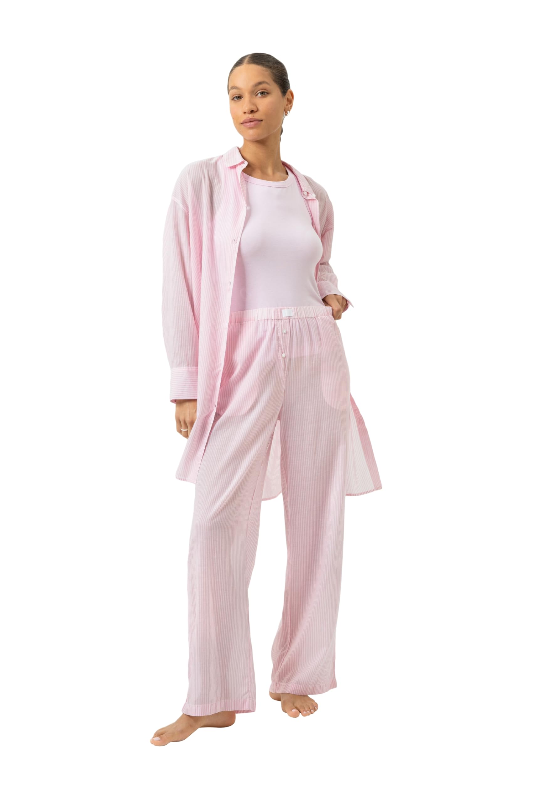 Mey Damen Hose lang: Leichte Schlafhose, Lässiger gerader Schnitt, Seitliche Taschen, Gummibund mit Zierknopfleiste, Powder-Blue-Streifen, Serie Cotton Stripes