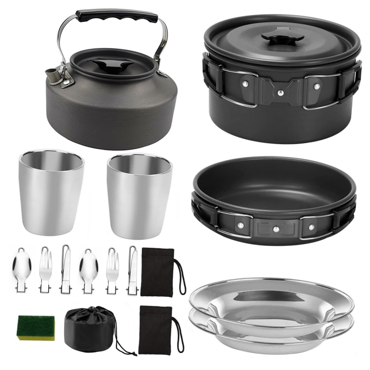 Toyvian Set de Vaisselle en Alliage D'aluminium Noir, Casseroles Antiadhésives Légères et Pratiques Facile à Ranger pour Barbecue et Camping pour 2-3 Personnes pour Voyage et Plein Air