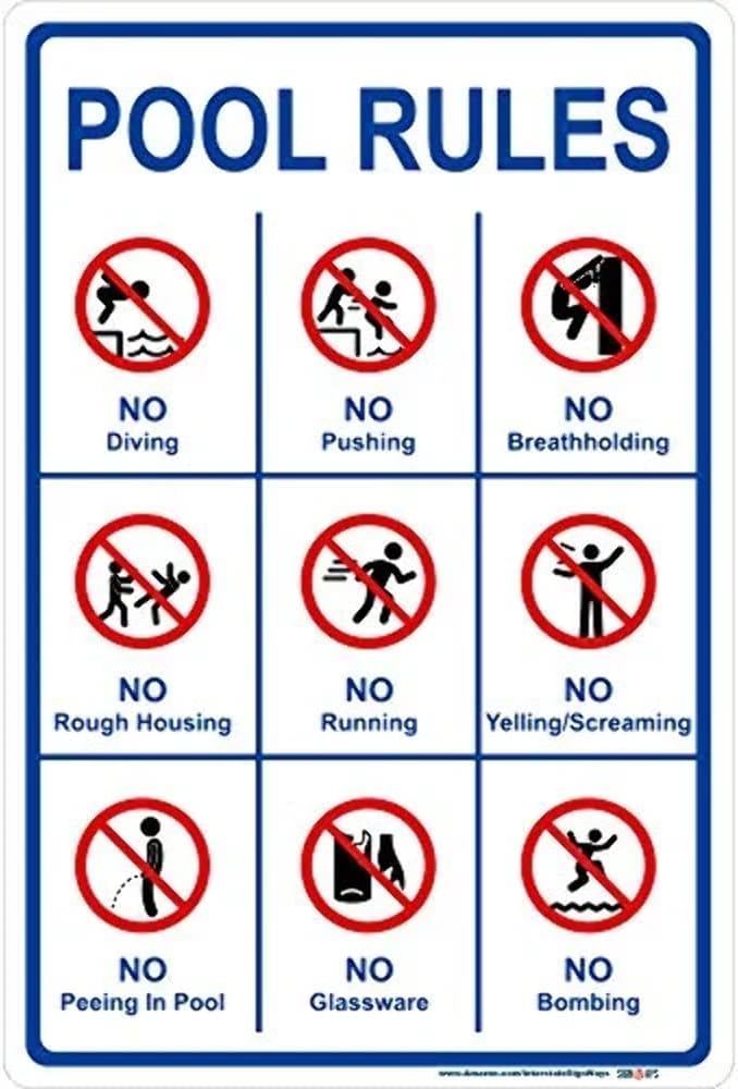 Signways, Pool Rules Sign, No Diving No Pushing No Peeing in Pool Reflective Aluminum, Made in the USA Reflective 12" x 18"