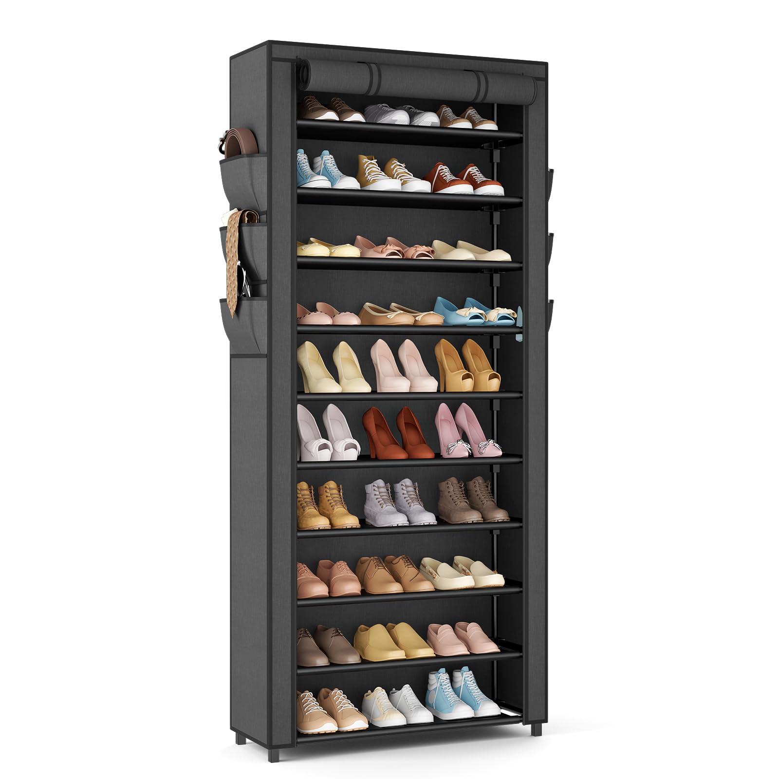 Vicye Zapatero de Tela de 11 Niveles, Armario Zapatero Alto para 36-41 Pares de Zapatos, Estrecho y Alto con Cubierta Antipolvo, Ideal para Entrada, Sala de Estar, Negro