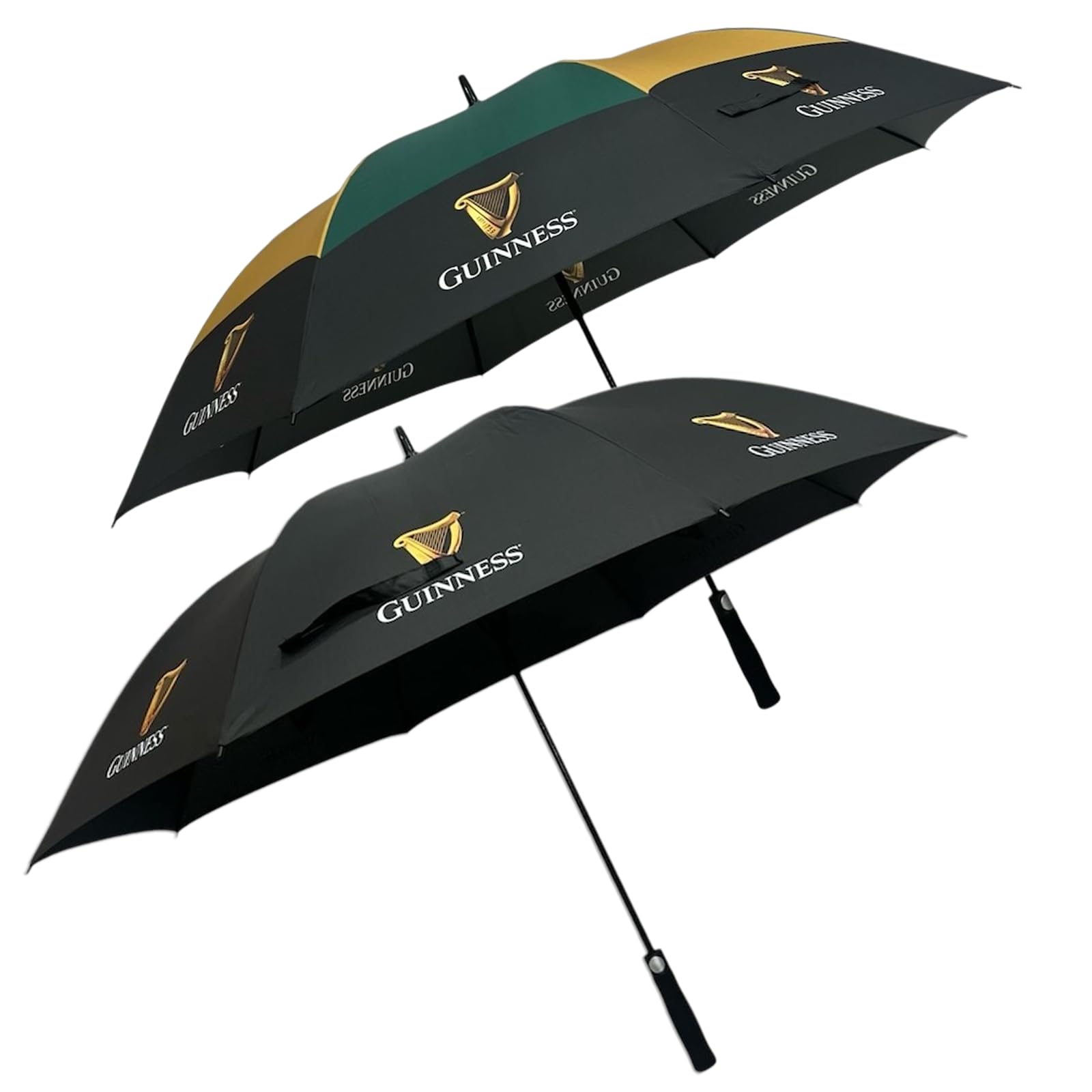 Guinness The 1759 Bundle Of 2 Guinness Official Golf Umbrella Set – Pack Of 2 Large 30-Inch Umbrellas (Black & Gold/Green) – Auto-Open, Windproof & Waterproof Stick Umbrellas – Official Licensed Merchandise
