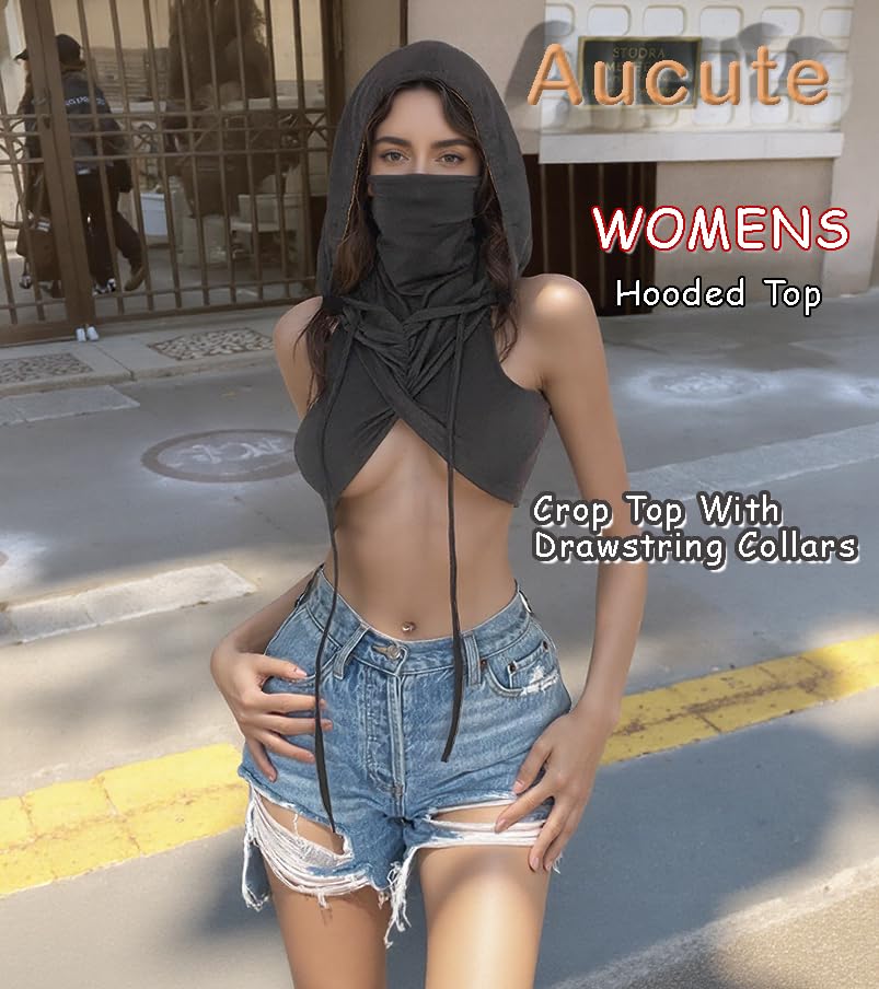 Women Hooded High-Neck Crop Top Sexy Sleeveless Streetwear Festival Rave Outfits2