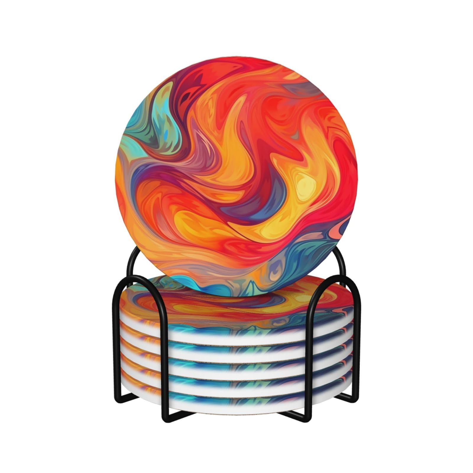 6Pcs Ceramics Coaster for Drinks, Artistic Effect Colorful Cup Coasters with Holder, Aesthetic Drink Coasters for Coffee Table, Absorbent Round Coaster for Tabletop Protection 4" Cup Mat Pad