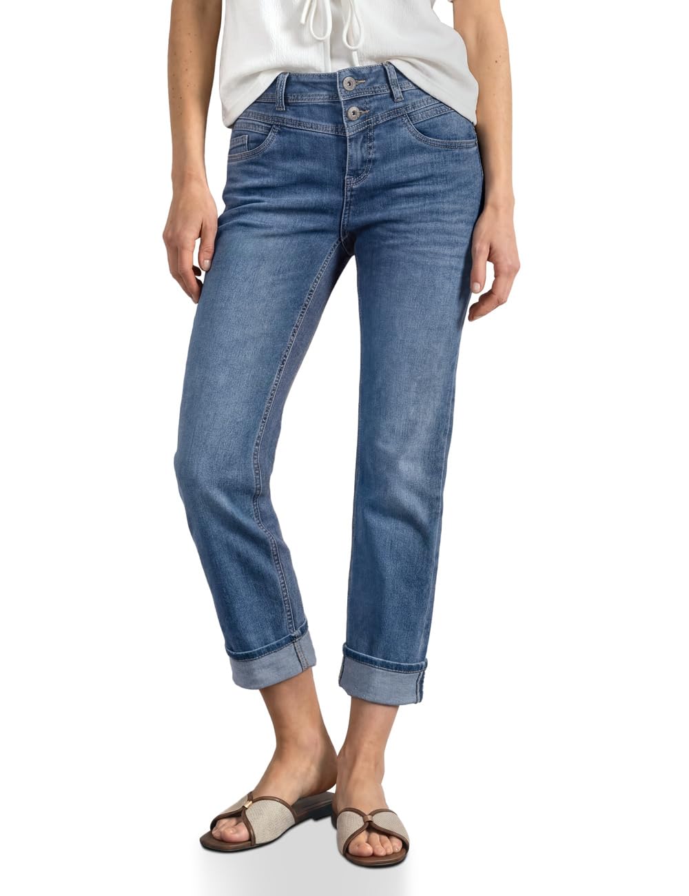 Street One Women's Straight Leg Jeans in Casual Fit with Turn-Up 3818271, Mid Blue Authentic Washed, 25W x 28L