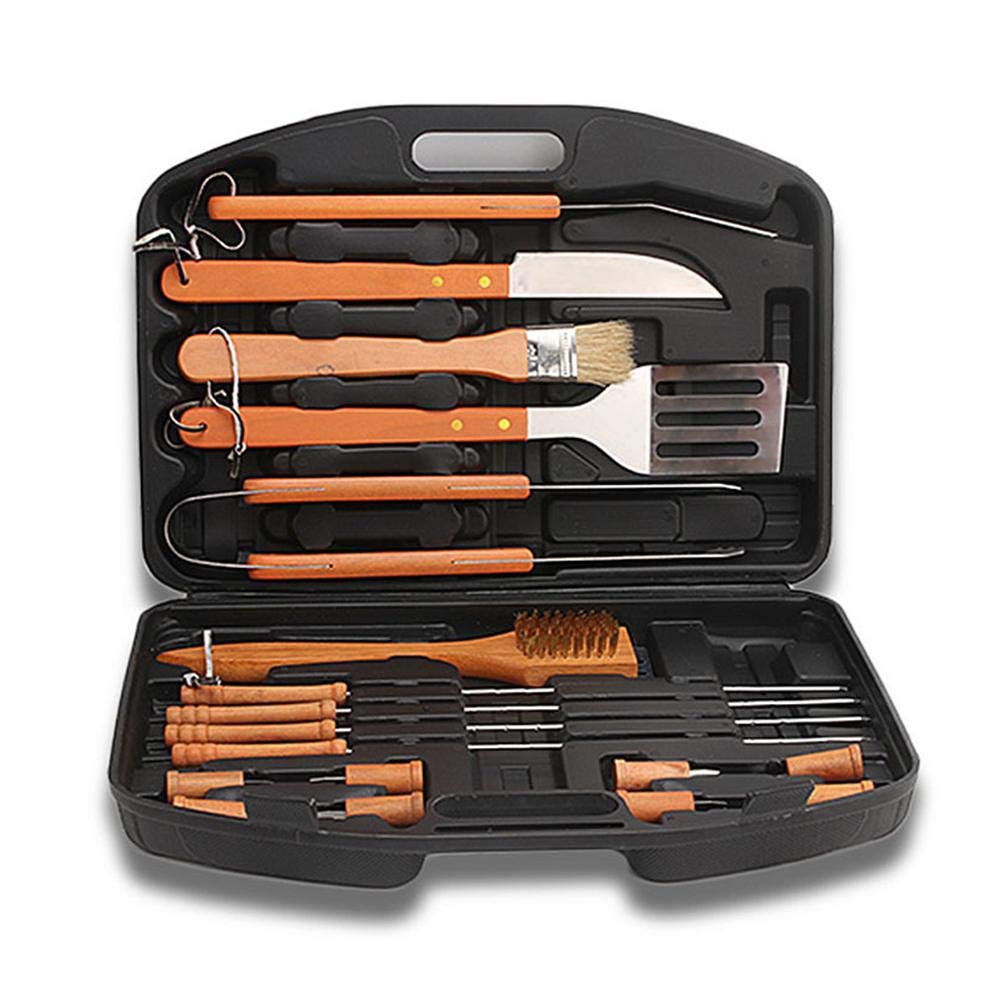 Grillzubehör Set 18-teilig Grillbesteck Edelstahl Grillrost mit Holz-Griff Set mit Tasche hervorragendes Grillwerkzeug für Camping Familie