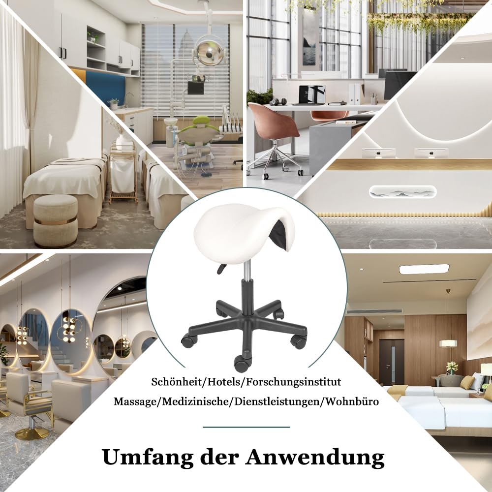 Mingone Sillín con ruedas, altura regulable, taburete de oficina, ergonómico, para peluquería, rotación de 360°, color blanco