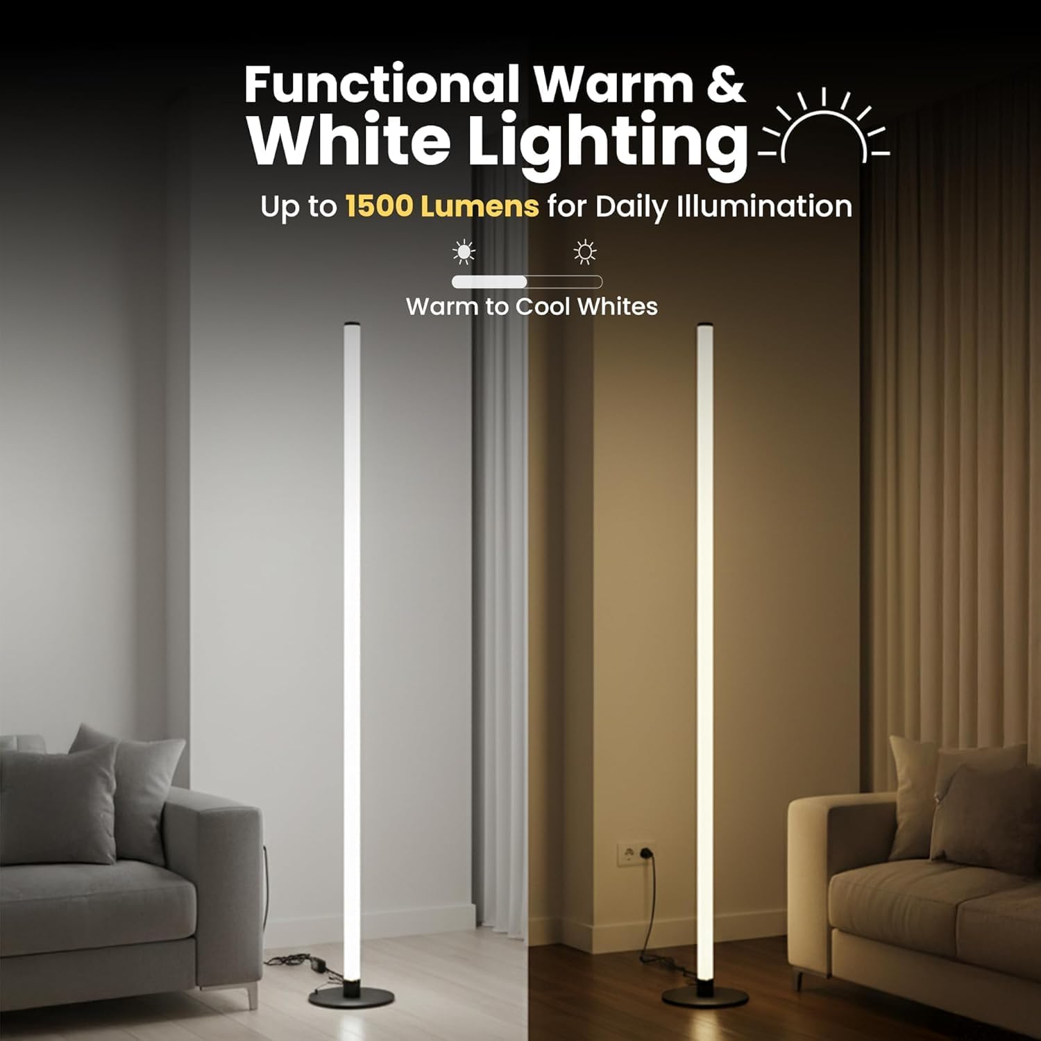 Smart Corner Floor Lamp with App & Remote Control, Music Sync LED Ambient Light,16 Million DIY Colors,1500 Lumens 80+ Scenes, Color Changing Standing Lamp for Living Room, Bedroom