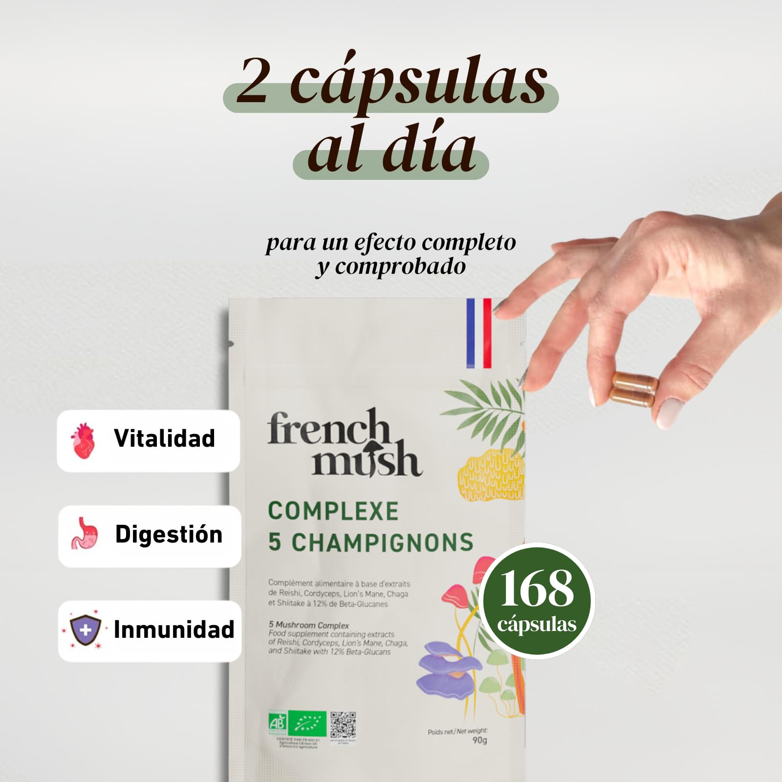 French Mush Complejo 5 Hongos Bio - 168 Cápsulas Veganas | Bienestar, Vitalidad y Digestión, Shiitake, Melena de León, Reishi, Cordyceps, Chaga, Fabricado en Francia