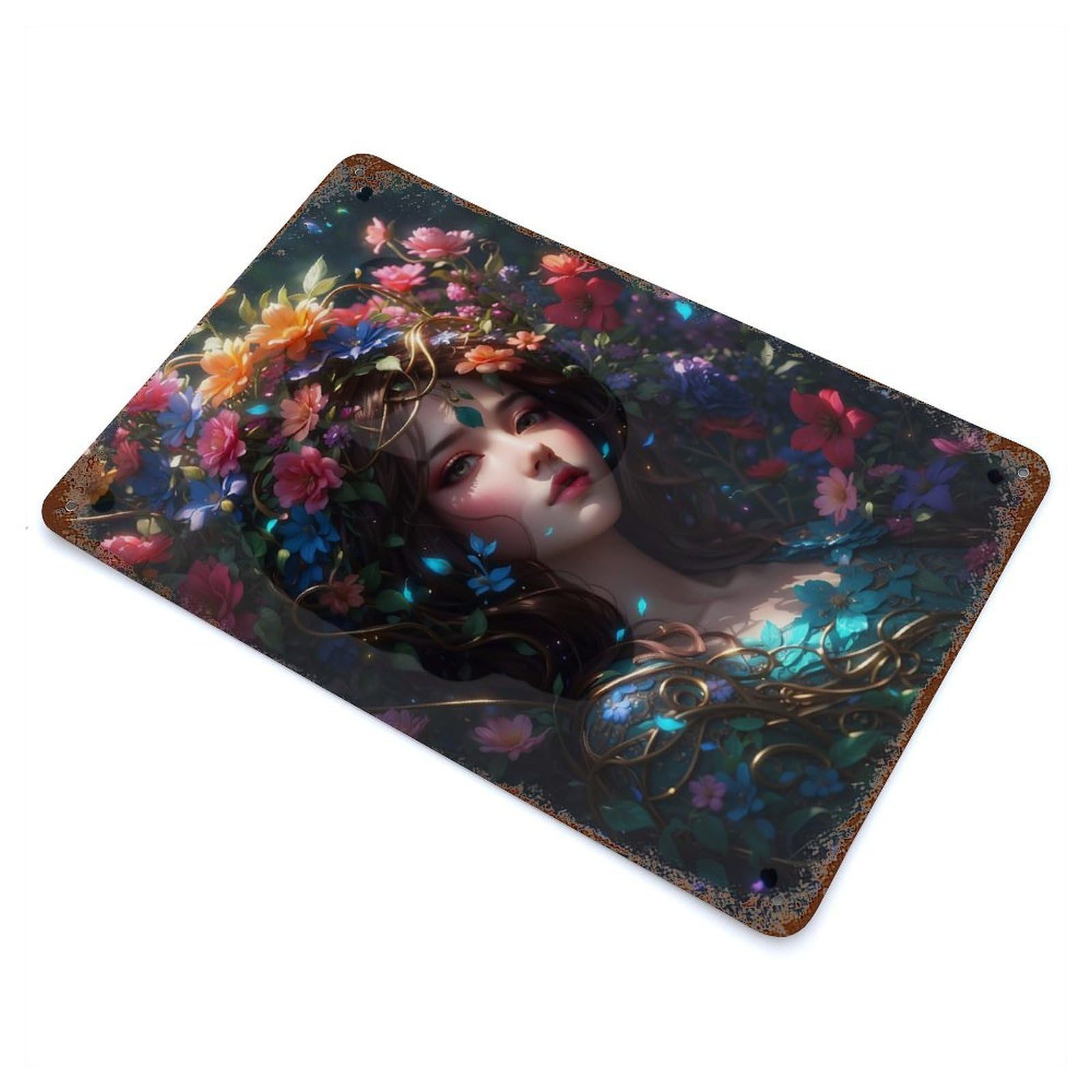 Weathered Tin Sign with A Girl Painted in Petals Design 11.8"x7.9", for Basement, Hobby Room And Garage Decor, Industrial Home Decor