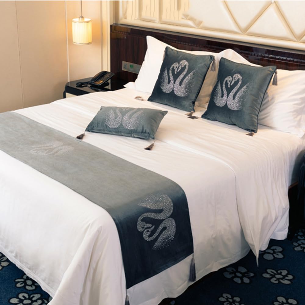 QRGMKL Luxury Swan Bed Runner Thicken Velvet Bed Scarf Simple European Style Bed Runners and Matching Cushions Bedding Protector for Bedroom Hotel-Gray||180X45cm for 1.2m Bed