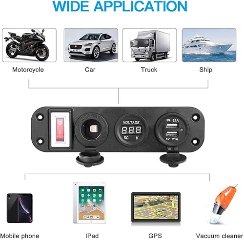 Miniatura 6 de Electop Panel de toma de corriente USB de 12 V, enchufe impermeable para encendedor de cigarrillos, cargador de coche USB dual 2.1A y 2.1A con