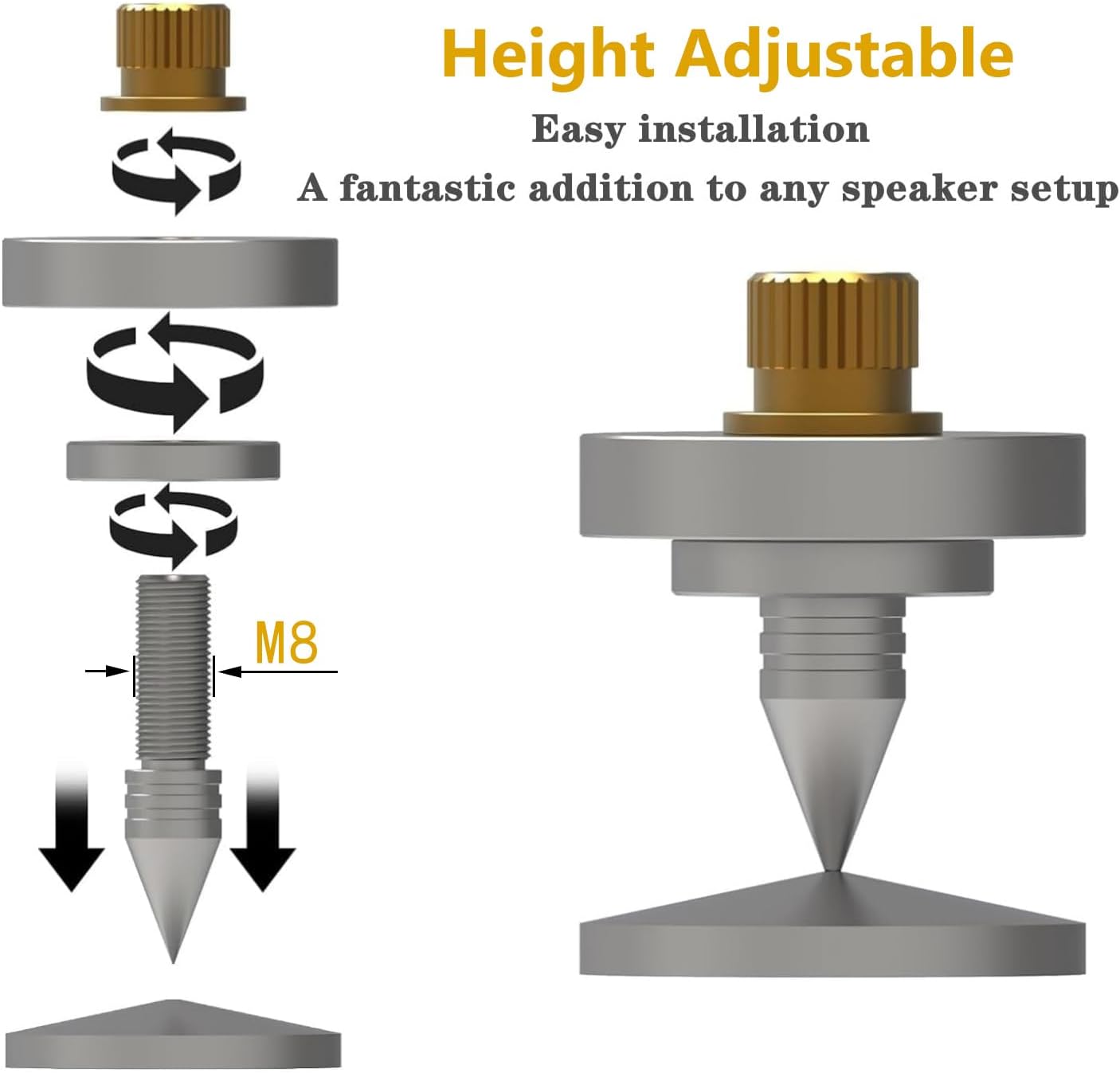 4 Pcs Speaker Feet Isolation Pads POM Spike Stand Subwoofer Feet for Vibration Damping, HiFi Speakers, Audio Amplifiers, DAC and CD Player. (46.5x35mm, Height Adjustable Speaker Spikes)