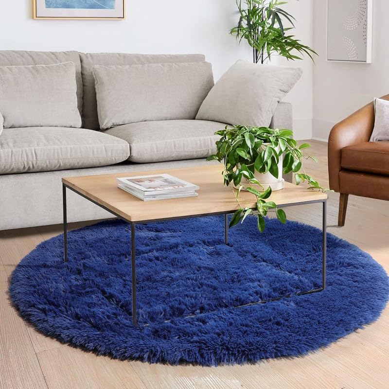 Image of Round Plain Fur Rugs Under Chair 4x4 Feet Royal Navy Blue