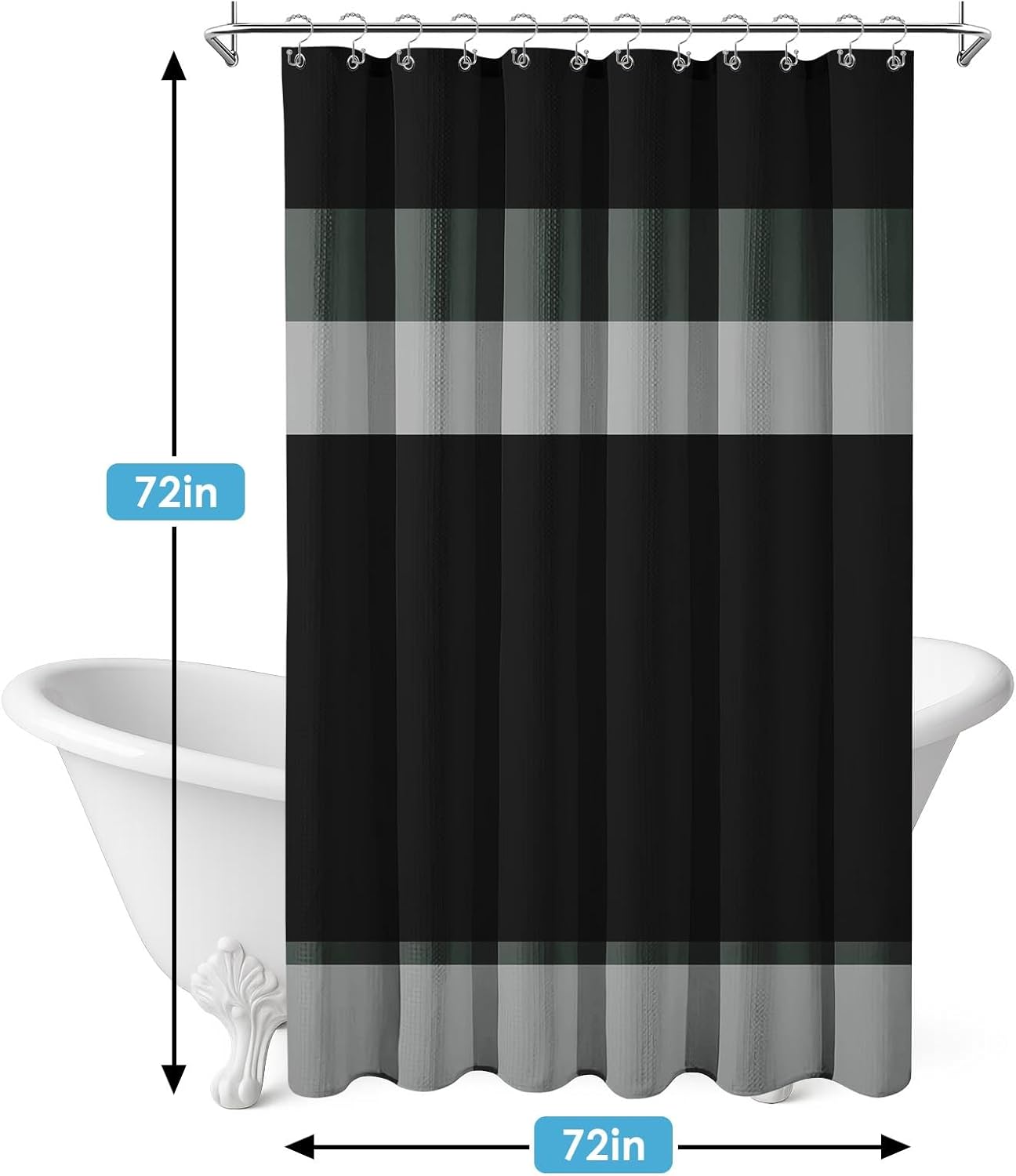 Shower Curtain and Liner, Black and Grey Striped 3 in 1 Shower Curtain and PEVA Liner Set with 12 Rust-Resistant Metal Hooks, Waterproof Fabric Shower Curtains for Bathroom, 72 W x 72 H