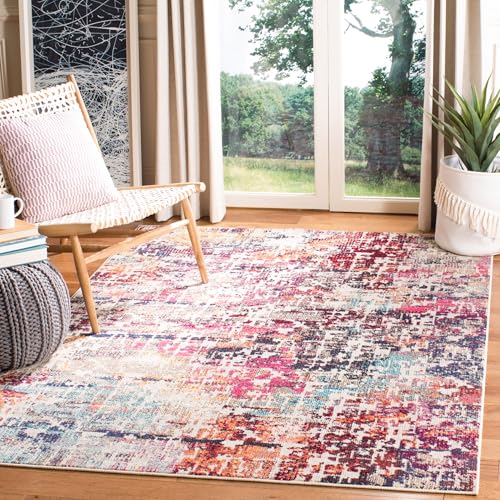 SAFAVIEH Zeitgenössische Teppich für Wohnzimmer, Esszimmer, Schlafzimmer - Madison Collection, Kurzer Flor, Rot und Hellblau, 160 X 229 cm