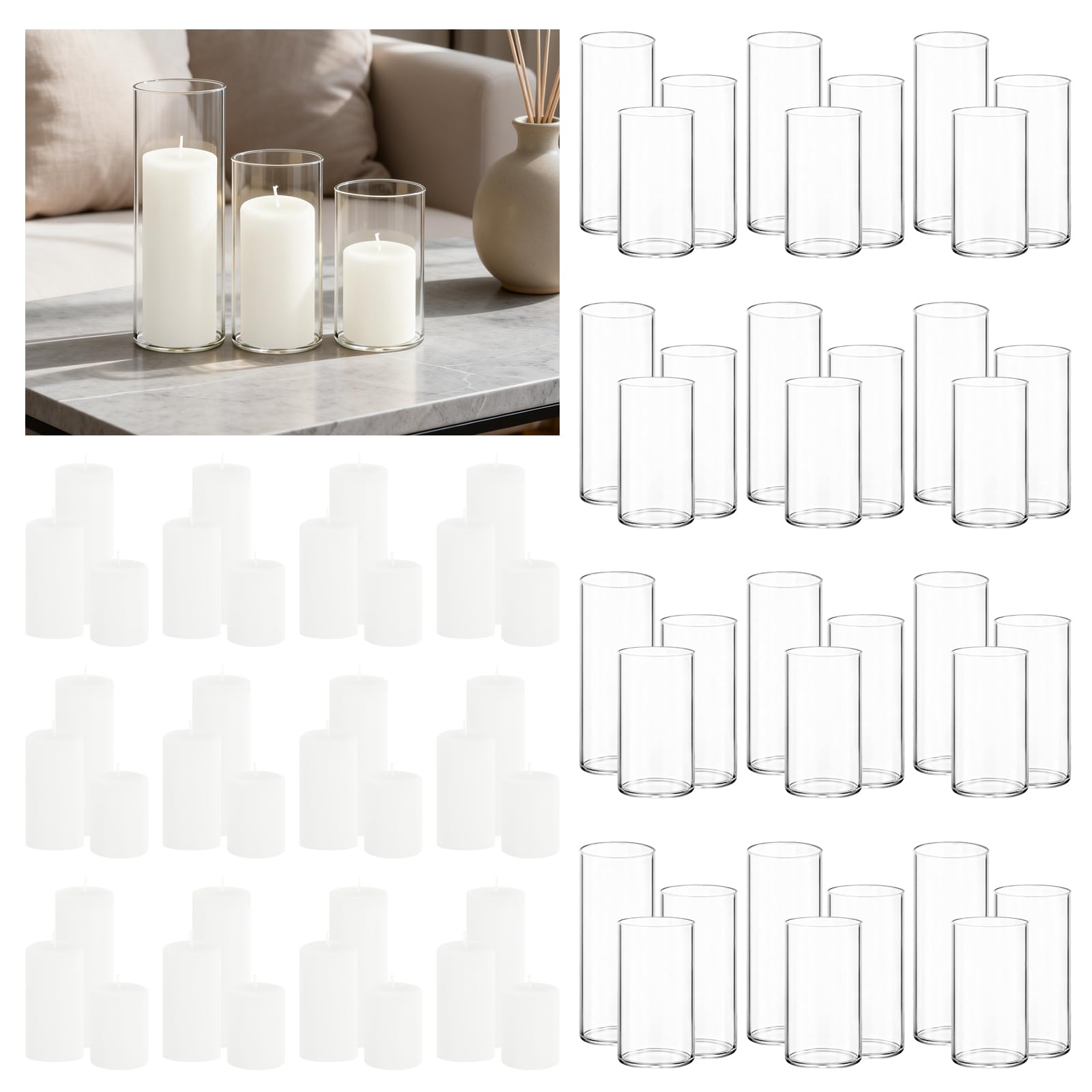 Photo 1 of Veiuwa 36-Pack White Pillar Candles (2''X3,4,6) & 36-Pack Glass Cylinder Vases(2.6''X5,6,8),Hurricane Candles,Wedding Centerpiece Decor Set-Mixed Heights for Table, Proposal, Event.