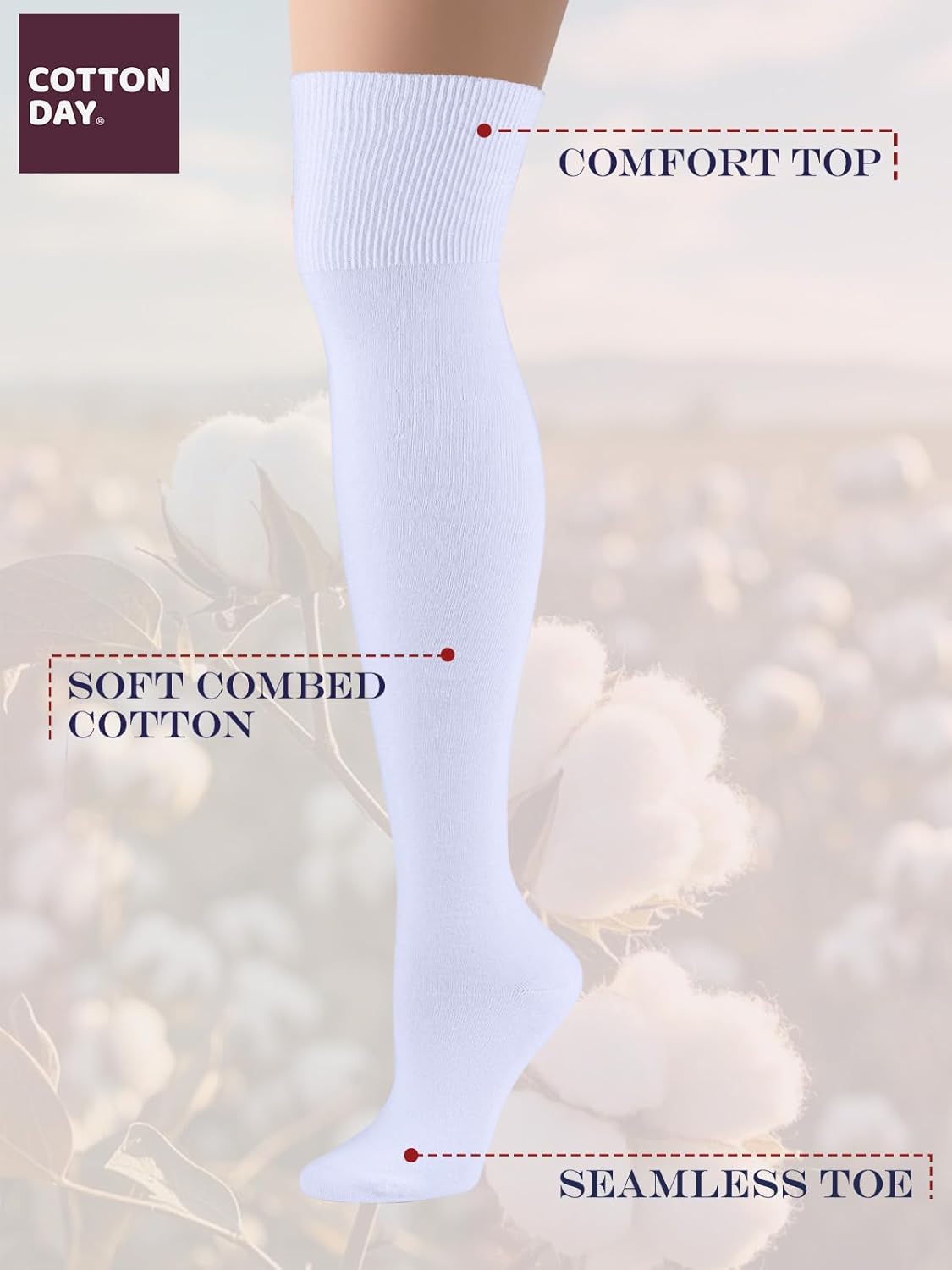 COTTON DAY Women's Cotton Thigh High Over Knee Socks Extra Long Boot Stockings Leg Warmers Black White Burgundy - Image 4