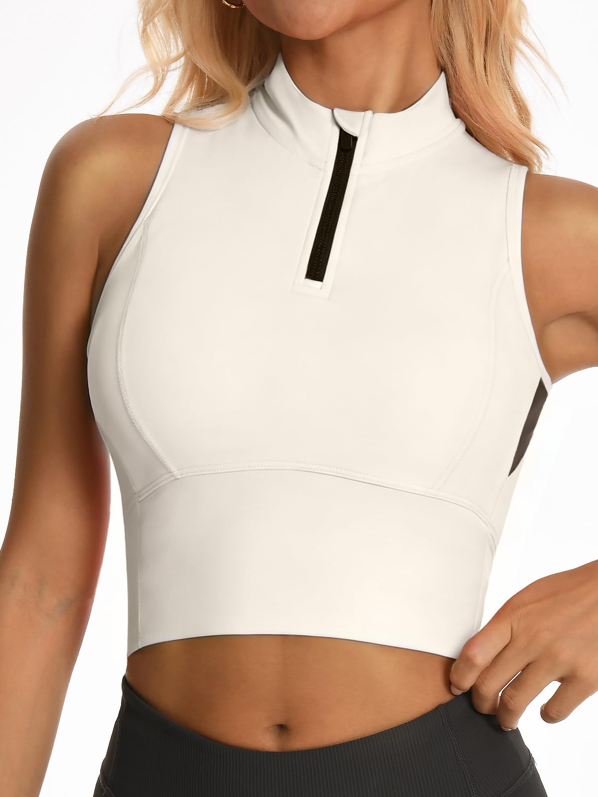 AARYA Workout Tank Tops for Women with Built in Bra Half-Zip Mock Neck Racerback Crop Tops Gym Yoga Tops
