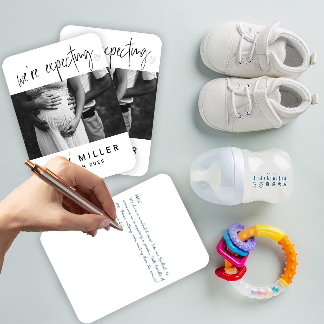 Andaz Press 24-Pack Personalized 5x7-Inch Pregnancy Announcement Cards with Envelopes, We're Expecting Custom Baby Announcement Reveal Ideas Photo Cards Surprise Baby News for Family Friends Grandma