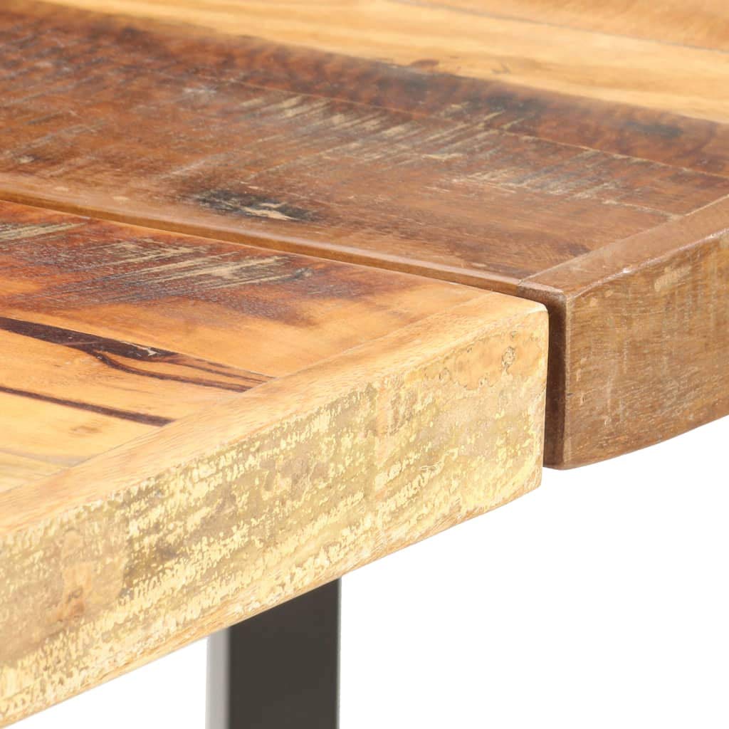 7-TLG. Juego de bar de madera vieja y piel auténtica con mesa de 180 x 70 x 107 cm, 6 sillas de bar con funda de piel de cabra, patas de acero, estilo industrial, para cocina, comedor, salón