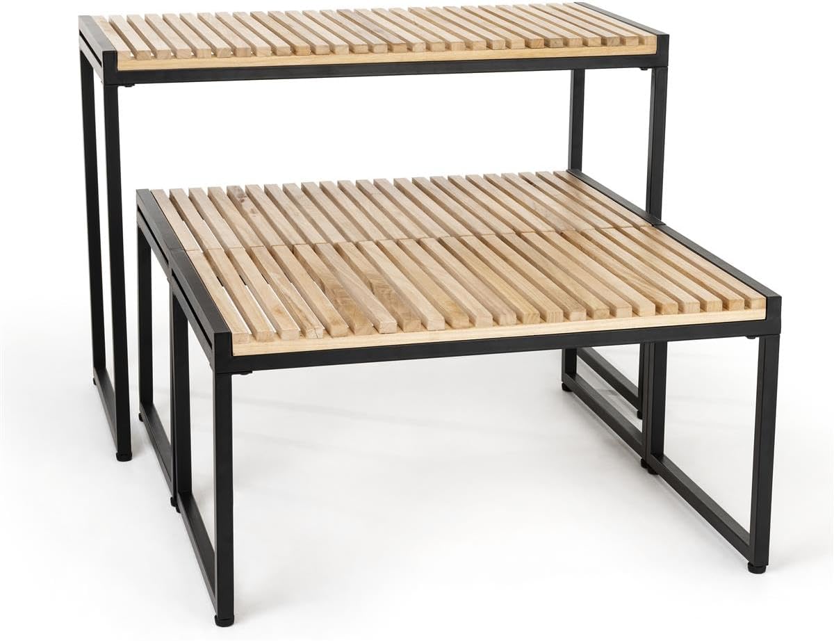 Displays2go Rustic Nesting Display Tables – Set of 3 Slatted Pine Wood Merchandising Stands with Black Metal Frame, Natural Finish (SMWMPNLT3S)