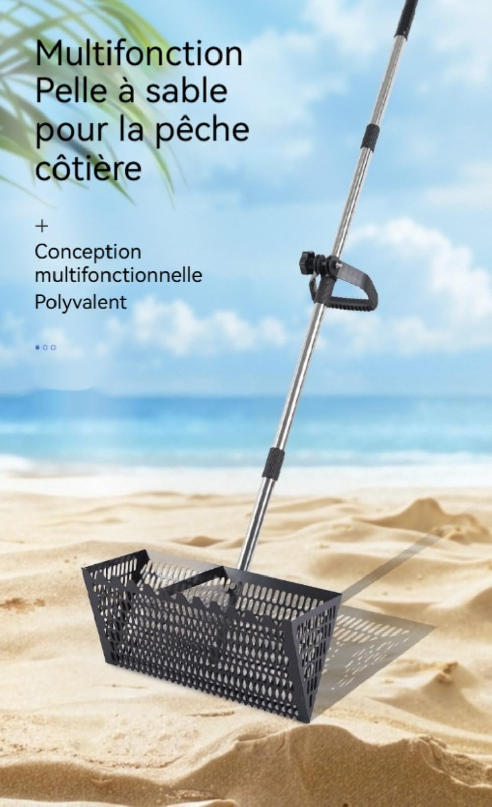 Grand Tamis à Sable de Plage en Acier Inoxydable, Râteau de Puce de Sable, Râteau Tamis de Plage Professionnel Grand tamis à sables acier inoxydable avec poignée 141 cm long et panier 40 x 20 cm