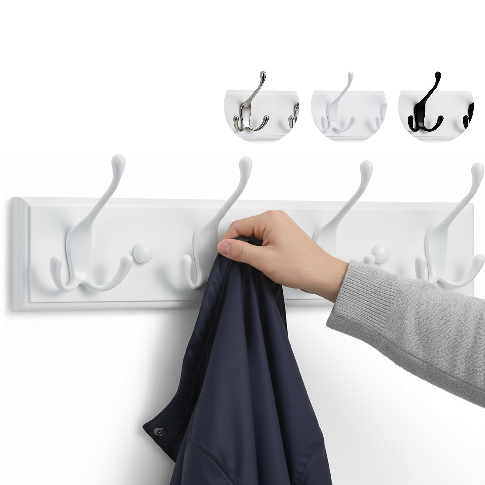 Larhn White Coat Hooks - Wall Mounted Coat Rack - 4 Triple Coat Hooks For Wall - 42 Cm - All Fixings Included For Quick & Easy Installation