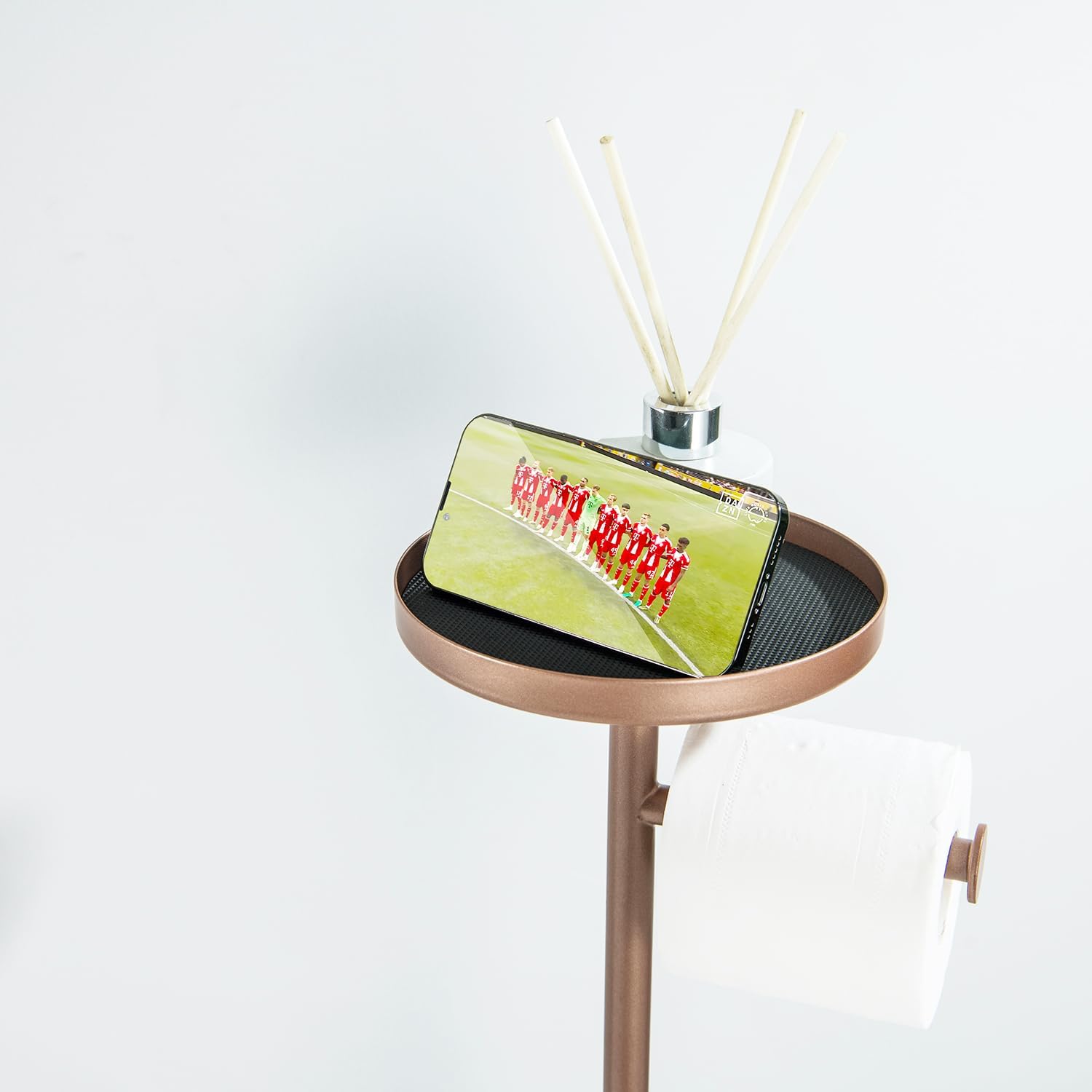 Toilet Paper Holder Stand for Bathroom Floor Standing, Adjustable Height and Heavy, Storages 4 Reserve Rolls, with Top Storage Shelf for Cell Phones, Wipe, Wallet and More, Bright Red Copper