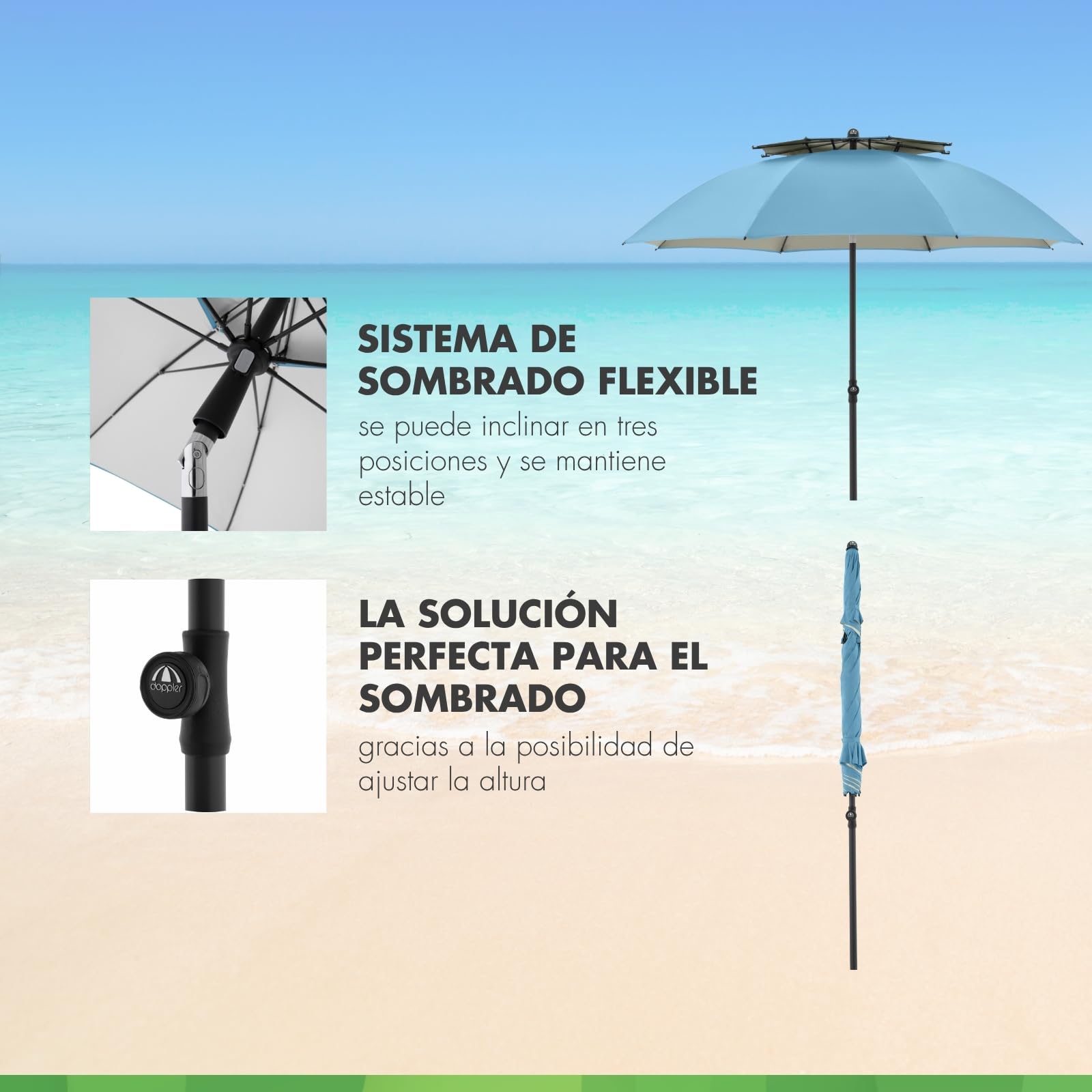 derby Sombrilla de 200 cm, sombrilla para playa, balcón y terraza, altura regulable, con protección UV, parasol plegable, para playa y piscina al aire libre