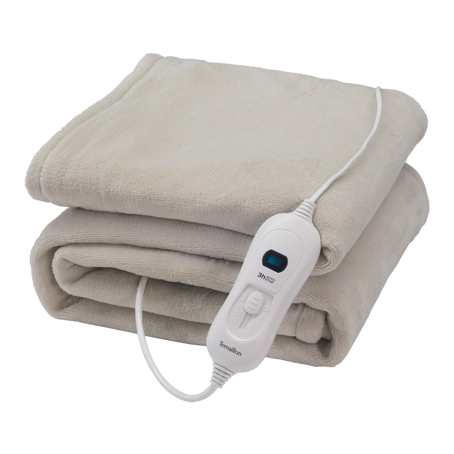 Terraillon - COZY, Coperta riscaldante, Spegnimento automatico, Plaid 3 impostazioni di temperatura, Calore per 3 ore, Lavabile in lavatrice, Dim. 160x120 cm, Tessuto in pile corallo, Grigio chiaro
