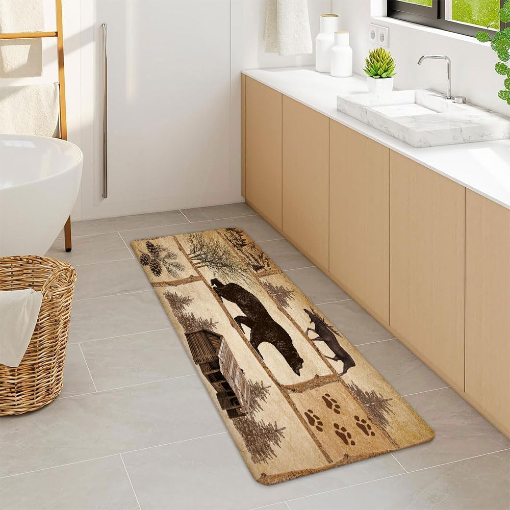 Rustic Wood Board Shower Curtain Set with Rugs, Vintage Farmhouse Animal Elk Moose Deer Forest Bathroom Accessories Sets Non-Slip Mats, Bath Curtains with Bath Mats and Toilet Lid Seat Cover