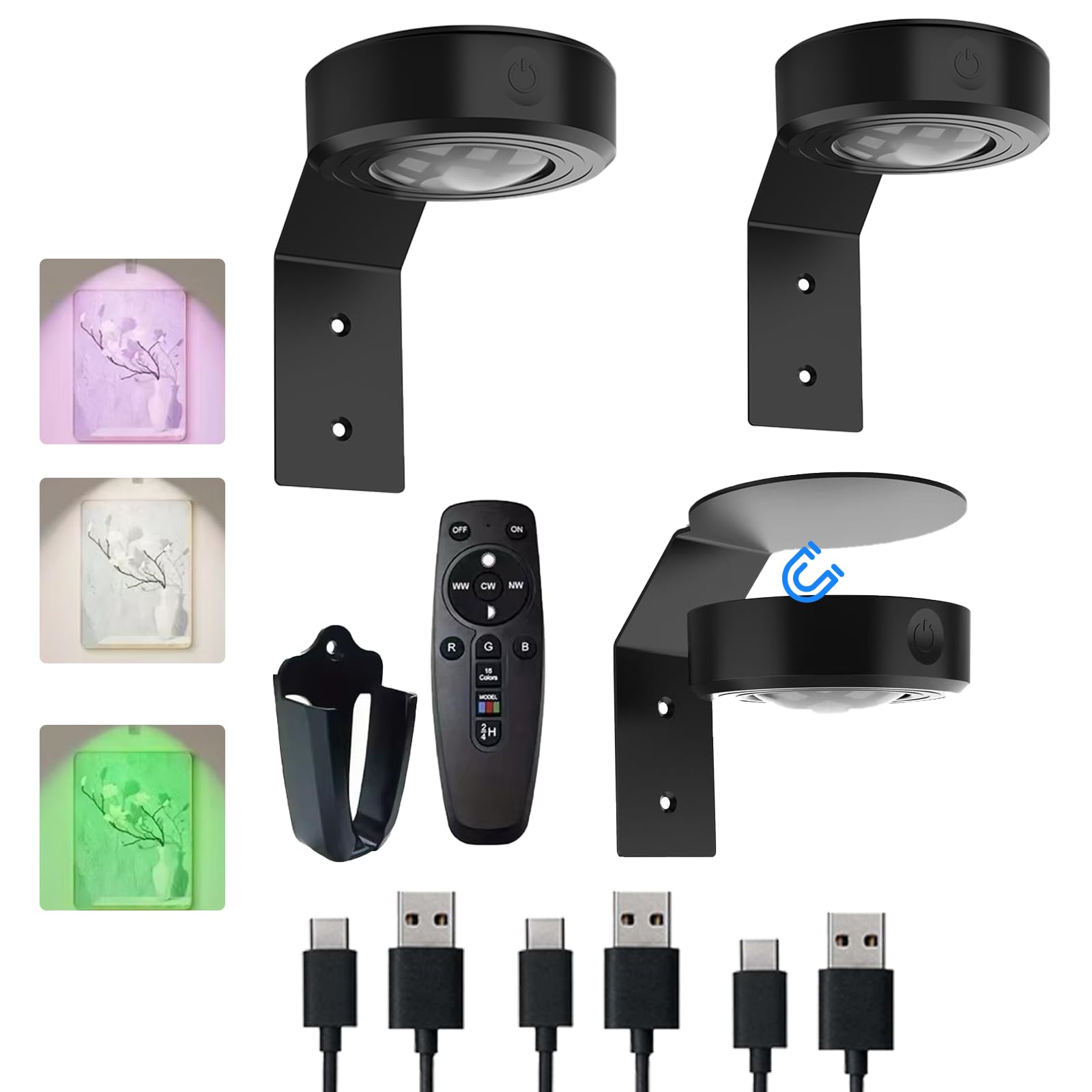 VIGMOJ 3Pcs Picture Lights for Wall 16 Lighting Modes Magnetic Art Display Light for Paintings with Remote Control Dimmable & Timer