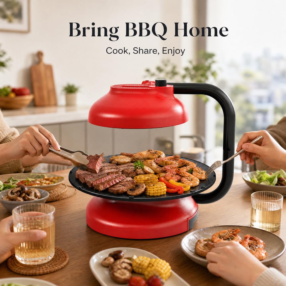 Barbecue Elettrico da 1390 W, Griglia Interna Senza Fumo, Rotazione a 360°, Regolazione del Calore a 2 Livelli, Girarrosto da Tavolo Senza Fumo, Riscaldamento Rapido