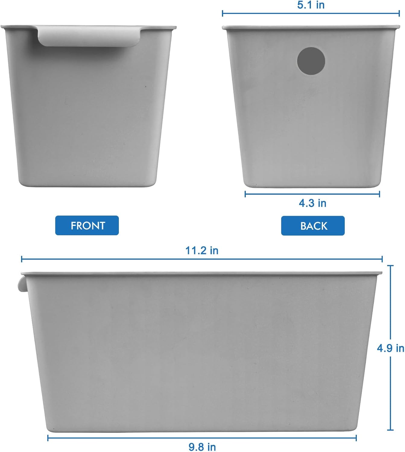 Plastic Storage Bins 6 Pack, Front Handle Design, 11"x5" Pantry Organization and Storage Open Top Baskets for Shelves Closet Cabinet Sink Counter Cupboard Drawer Rridge (Gray)