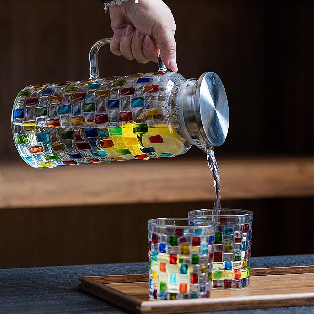 Magcolor Hand Painted Colorful Crystal Glass Pitcher With Stainless steel Lid – Colorful Weaving Design,Hot/Cold Water Jug, Juice and Iced Tea Beverage Carafe(50/oz).