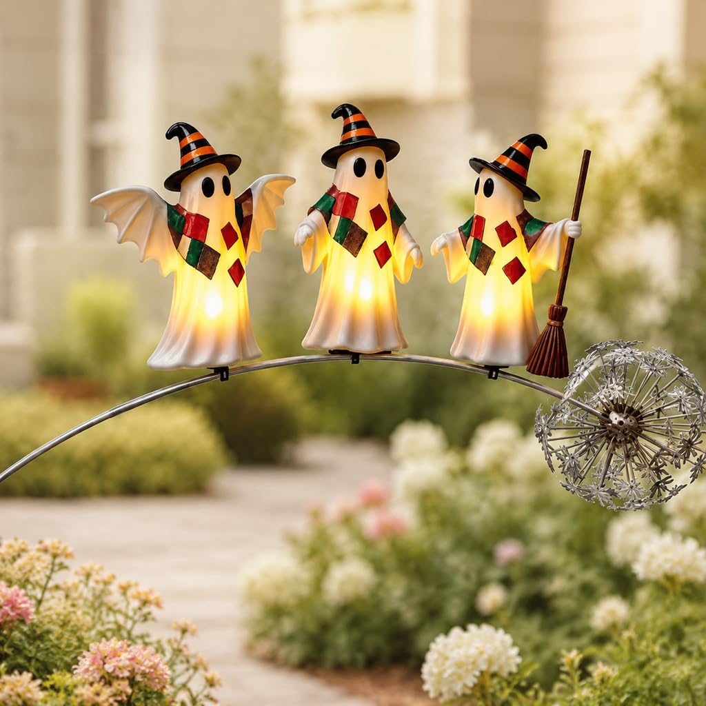 Halloween Garden Stake, Kinetic Balancing Ghost Yard Art with 3 Designs, Outdoor Decorations for Lawn Patio Flower Bed, Spooky Festival Ornament Gift (wings ghost)