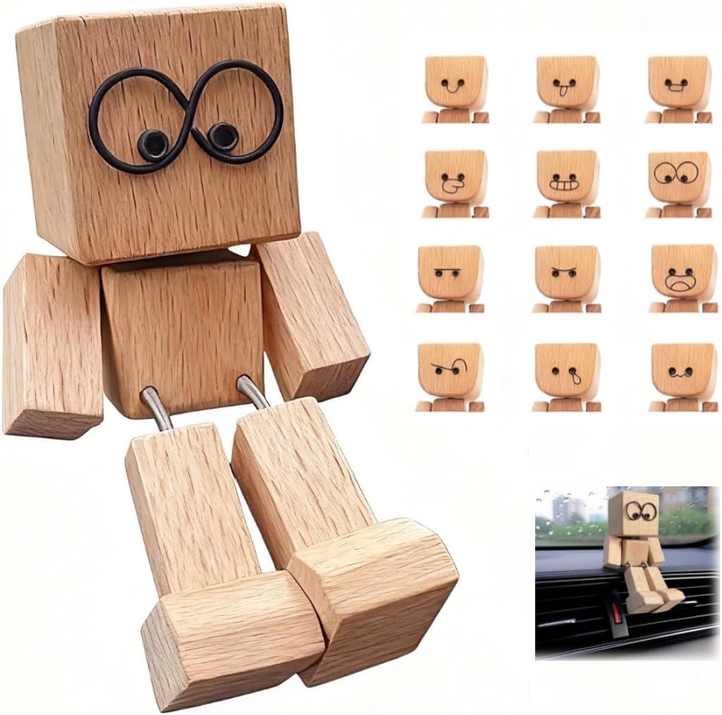 Tencipeda Shaking Wooden Man For Dashboard, Charming Little