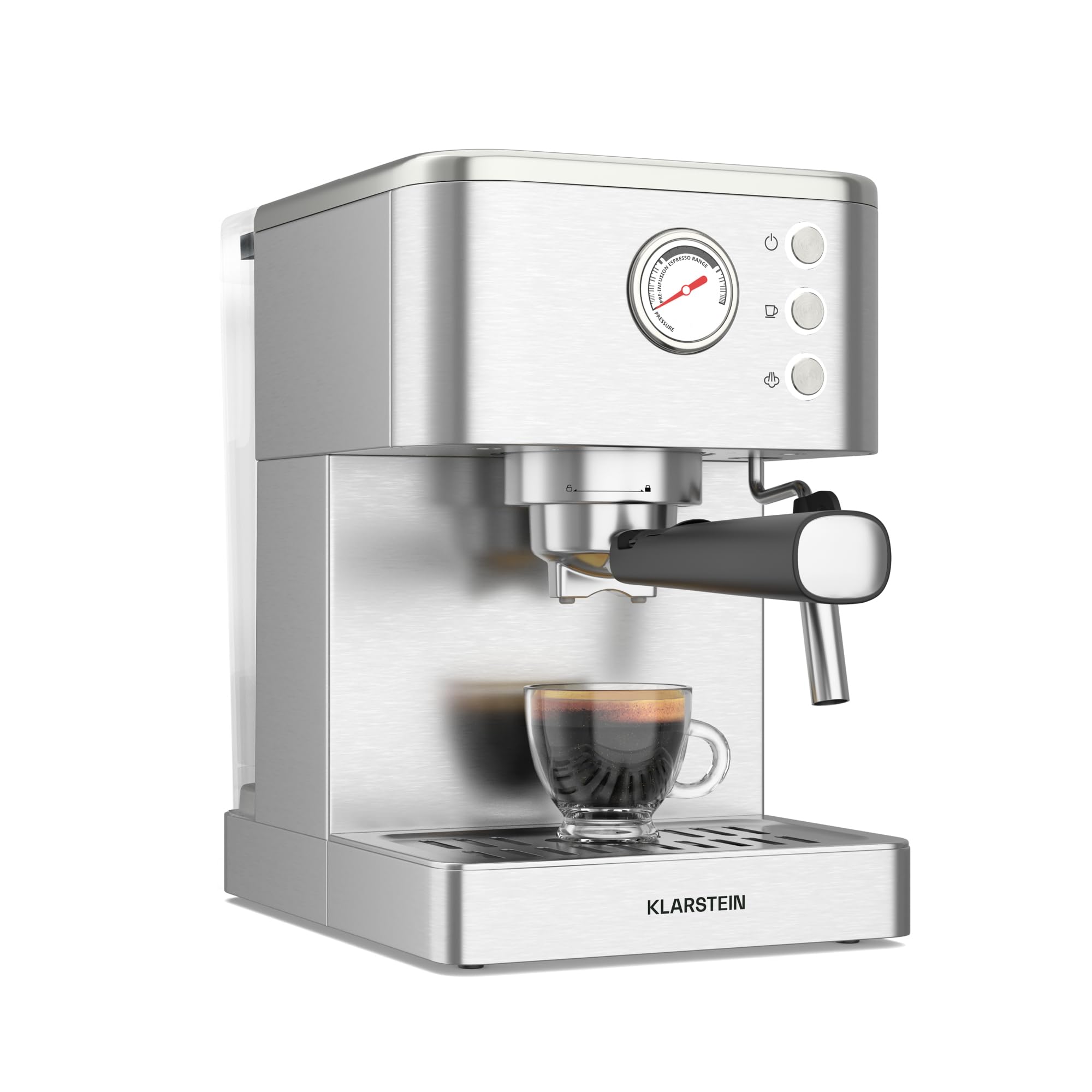 Klarstein SteelPresso Siebträgermaschine – 20-Bar, 1350 W, Edelstahl, Dampf-Funktion, 1,5-L-Wassertank, Kompaktes Design, Mechanische Steuerung, Warmhalteplatte