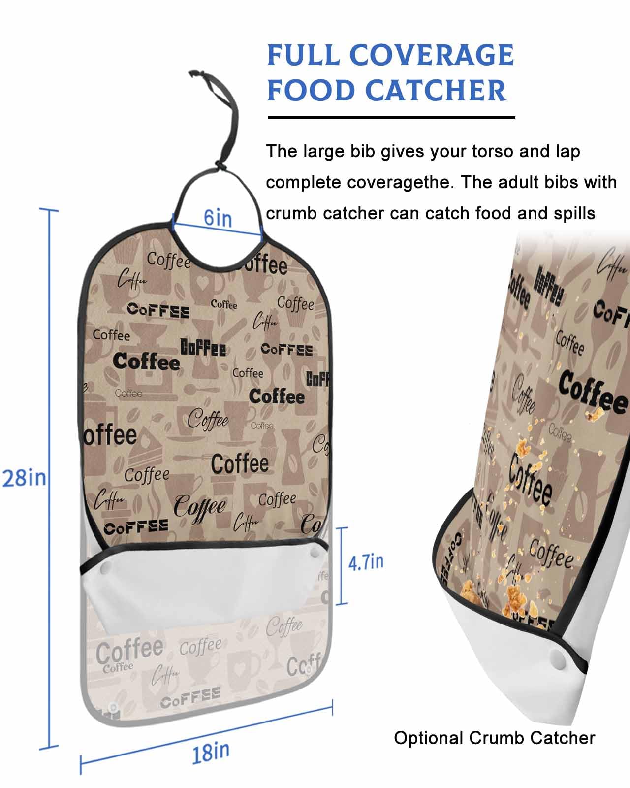 LEOKOTI Brown Coffee Adult Bibs for Eating, Waterproof Bibs with Food Catcher & Adjustable Snap Closure, Coffee Theme Rustic Farmhouse Washable Clothing Protectors Adult Bibs for Elderly Women/Men