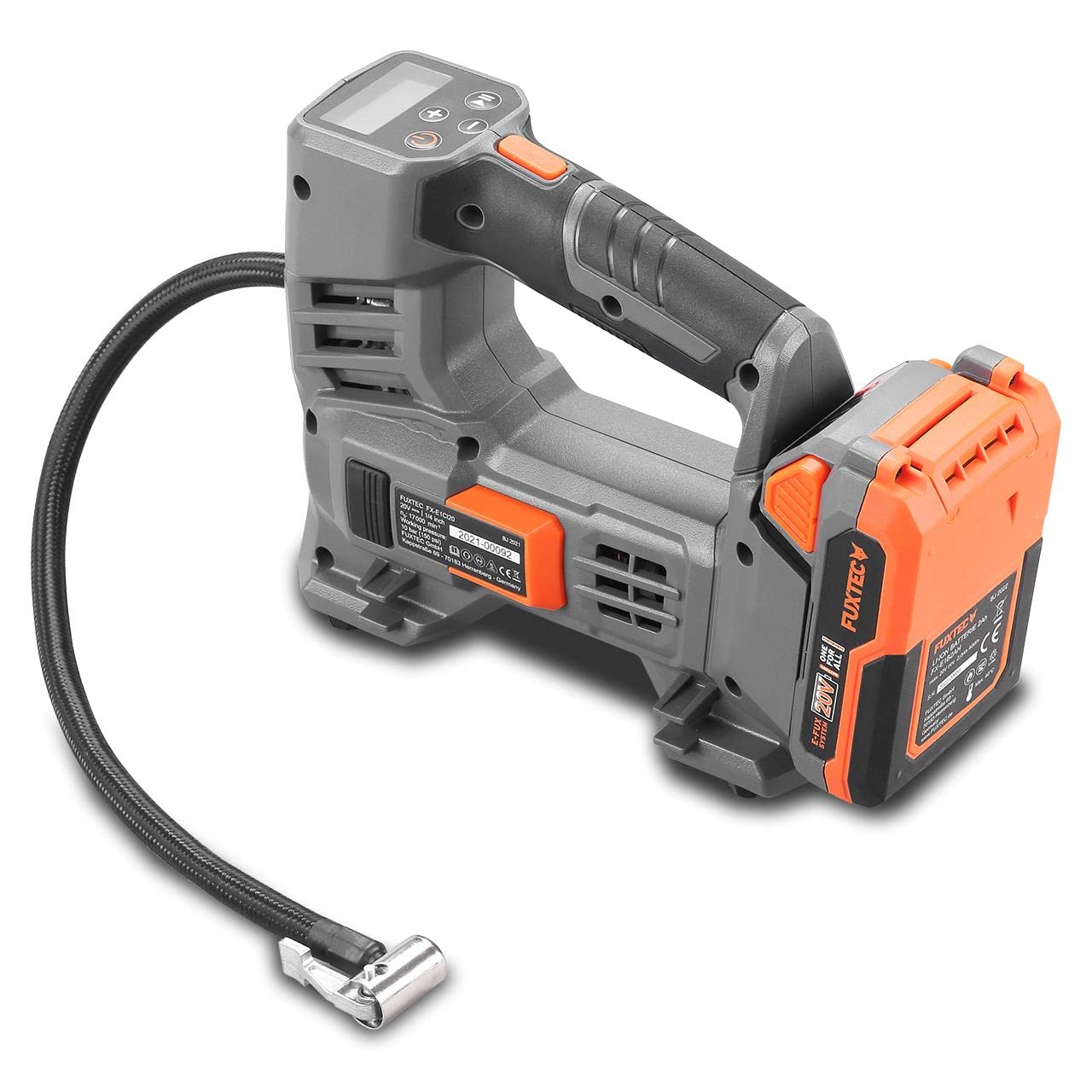 FUXTEC Sprężarka akumulatorowa 20 V – 10,3 bar (150 psi) – pompa powietrza w zestawie adapter do wentyli Presta, akumulator i ładowarka do opon pneumatycznych, materacy i piłek