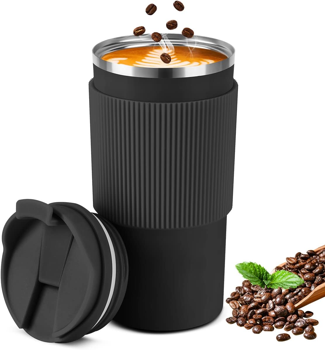 Travel Thermal Mug, 450ml Stainless Steel Coffee Travel Mug, Insulated Coffee Mug Suitable for Coffee, Tea and Other Drinks (Black)