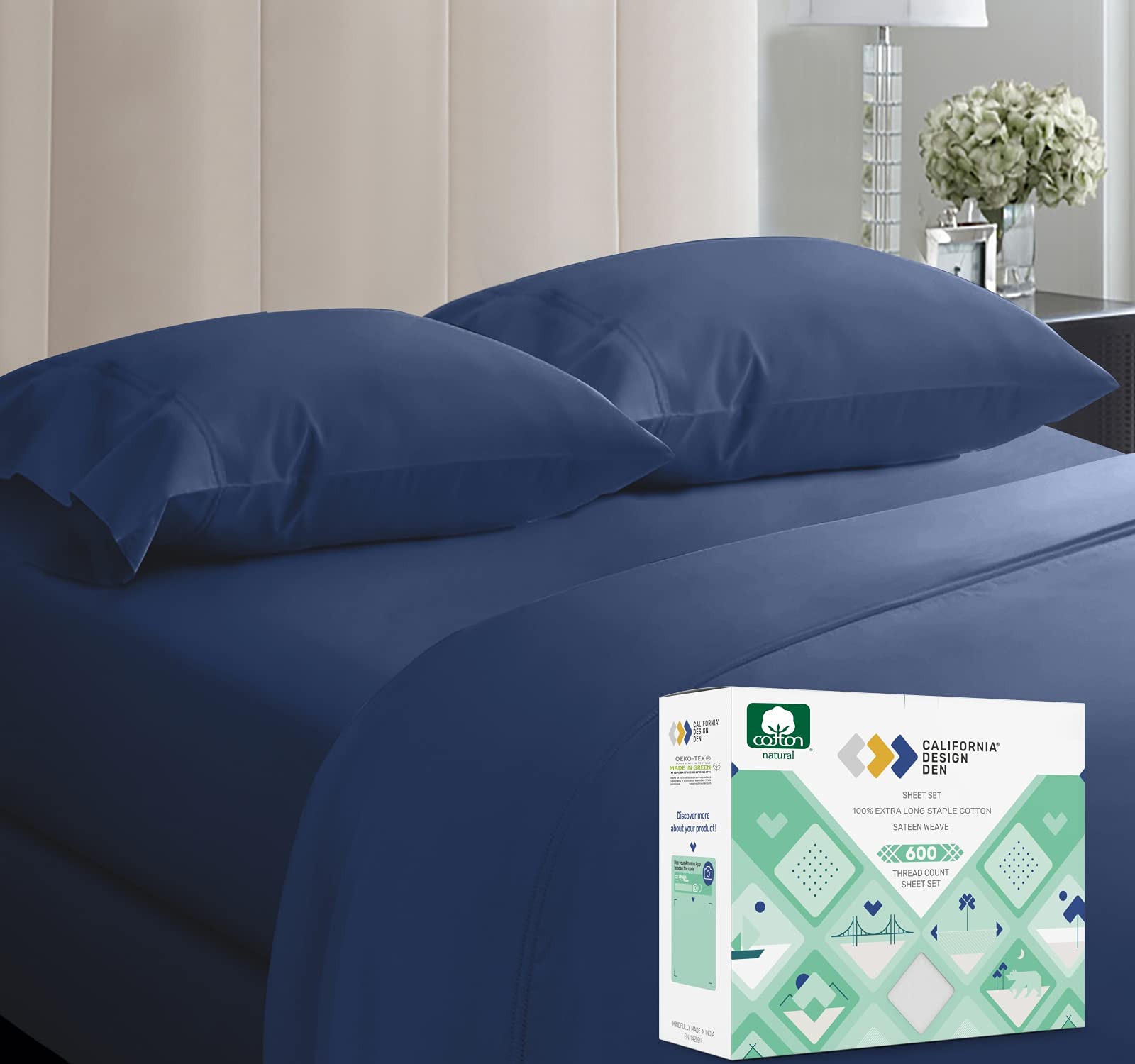 Luxe Smooth Sateen Solid Sheet Set - Queen Royal Navy Blue Sheet Set - 100% Sateen Cotton - 600 Thread Count